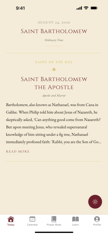 The Today screen showing the saint of the day, Saint Bartholomew the Apostle, with the opening of his life.