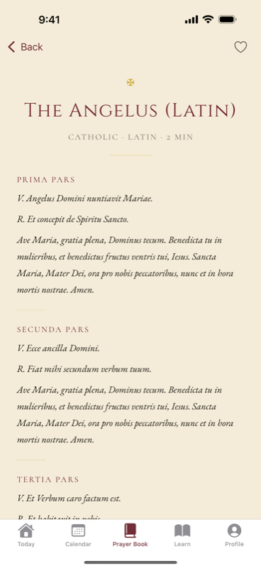 The Angelus in Latin, laid out in three parts with the versicles and responses.