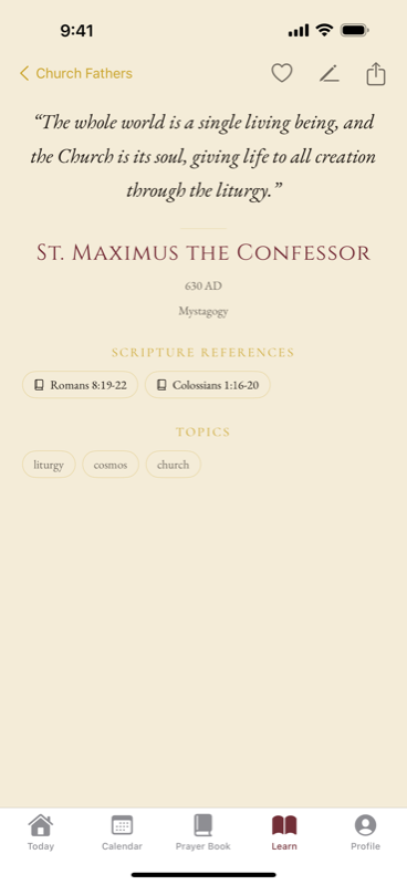 A quotation from St. Maximus the Confessor with its date, its Scripture references and its topics.