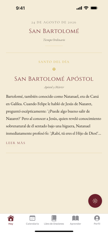 La pantalla Hoy con el santo del día, San Bartolomé Apóstol, y el comienzo de su vida.