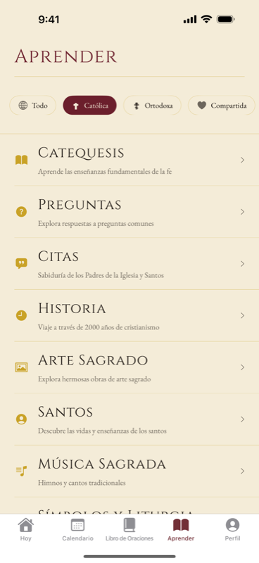 La sección Aprender con Catequesis, Preguntas, Citas, Historia, Arte Sagrado, Santos y Música Sagrada.