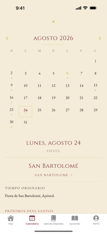 El calendario litúrgico de agosto de 2026, con la fiesta de San Bartolomé el día 24.