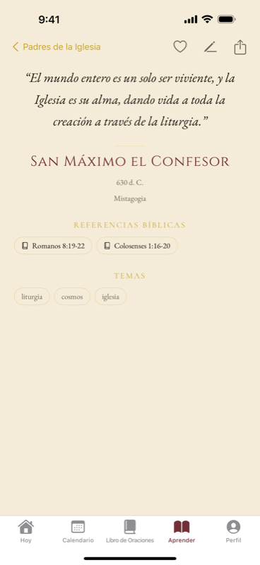 Una cita de san Máximo el Confesor con su fecha, sus referencias bíblicas y sus temas.